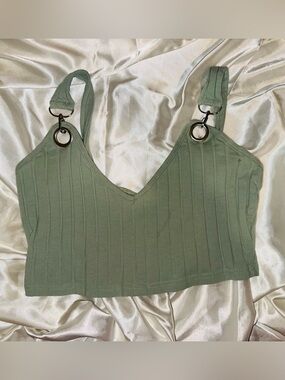 👑 Size 6 Sexy & Cute SHEIN Sage Green Ribbed V-Neck Crop Top with Ring Straps